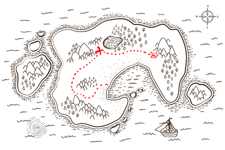 Ancient pirate map with red path to treasure isolated on whiteのイラスト素材