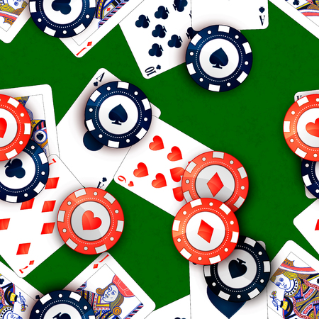 Bright casino chips and poker cards on green table, seamless patternのイラスト素材
