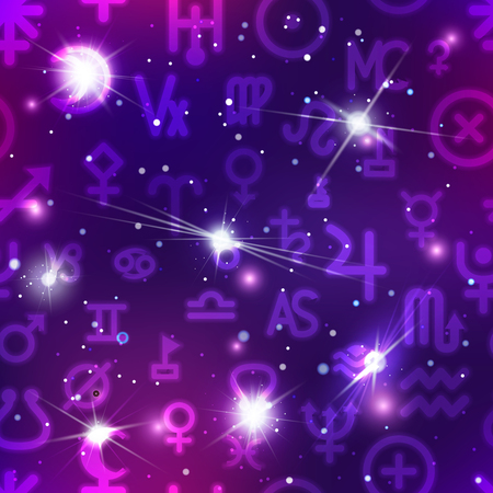 Astronomical signs in colorful night sky seamless patternのイラスト素材