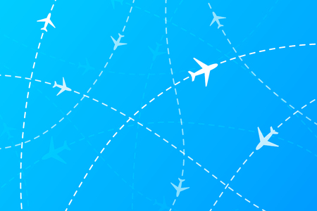 A lot of white planes on dashed traces on blue backgroundのイラスト素材