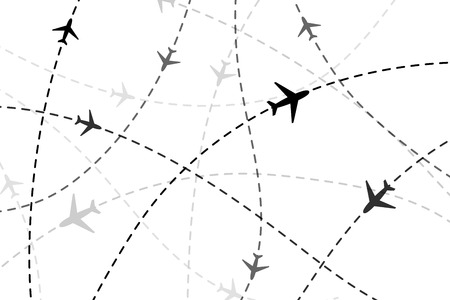 A lot of black planes on dashed traces on white backgroundのイラスト素材