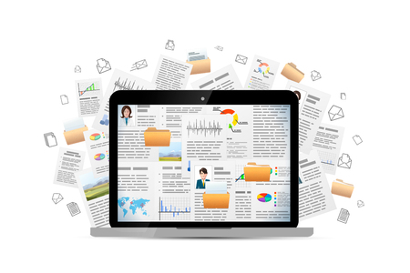 Open laptop with many office documents, concept illustrationのイラスト素材