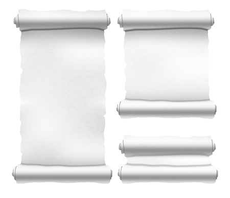 Set of old white textured scrolls different shapes isolated on whiteのイラスト素材