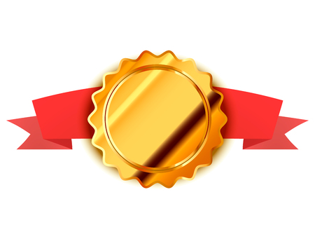 Bright gold label, retro badge with red tape isolated on whiteのイラスト素材