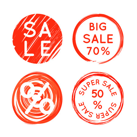 Set of bright red round sale promotion badges on whiteのイラスト素材