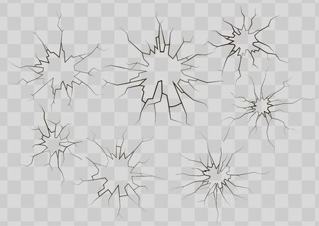 Set of black broken glass cracks on transparent backgroundのイラスト素材