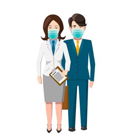 Cute couple wear green medical face mask on whiteのイラスト素材