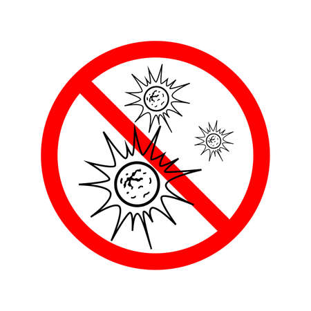 Virus icon with red forbidden sign on whiteのイラスト素材