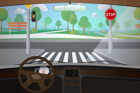 Car interior with empty road, driver point of viewのイラスト素材