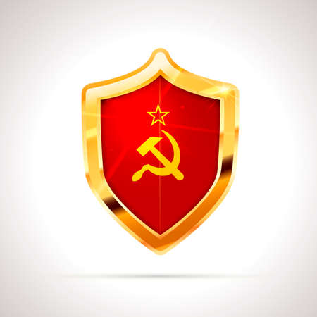 Bright golden glossy shield with USSR flag on whiteのイラスト素材