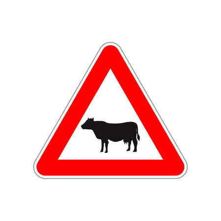 Cow icon on the triangle red and white road sign on whiteのイラスト素材