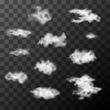 Set of realistic white clouds, thick white fog on transparent gridのイラスト素材