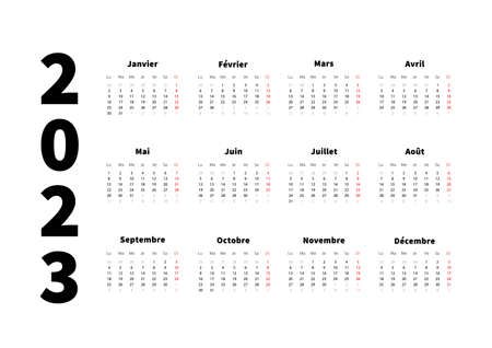 2023 year simple horizontal calendar in french language, typographic calendar isolated on whiteのイラスト素材