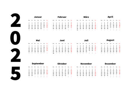 2025 year simple horizontal calendar in german, typographic calendar isolated on whiteのイラスト素材