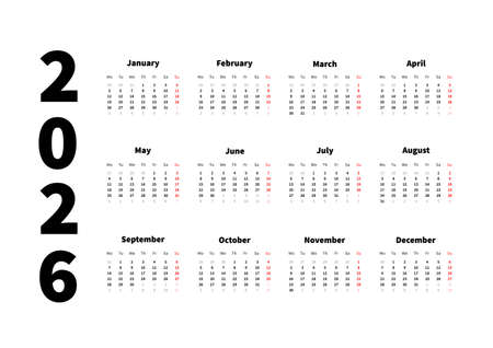 2026 year simple horizontal calendar in english, typographic calendar isolated on whiteのイラスト素材