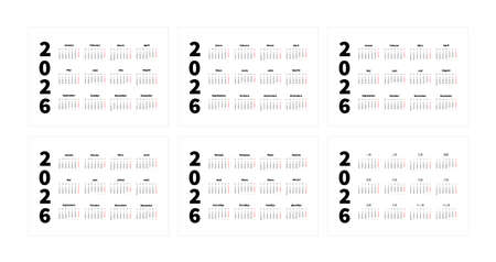 Set of 2026 year simple horizontal a4 size calendars in english, spanish, russian, french, chinese and german languages, typographic calendar isolated on whiteのイラスト素材