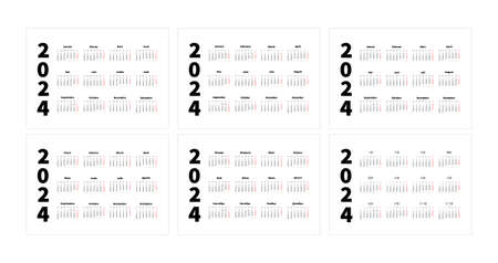 Set of 2024 year simple horizontal a4 size calendars in english, spanish, russian, french, chinese and german languages, typographic calendar isolated on whiteのイラスト素材