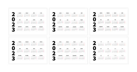 Set of 2023 year simple horizontal a4 size calendars in english, spanish, russian, french, chinese and german languages, typographic calendar isolated on whiteのイラスト素材