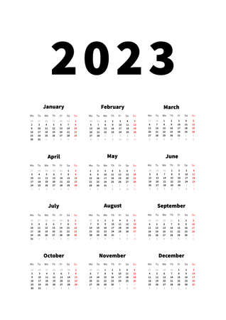 2023 year simple vertical calendar in english language, typographic calendar isolated on whiteのイラスト素材
