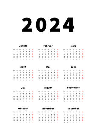2024 year simple vertical calendar in german language, typographic calendar isolated on whiteのイラスト素材