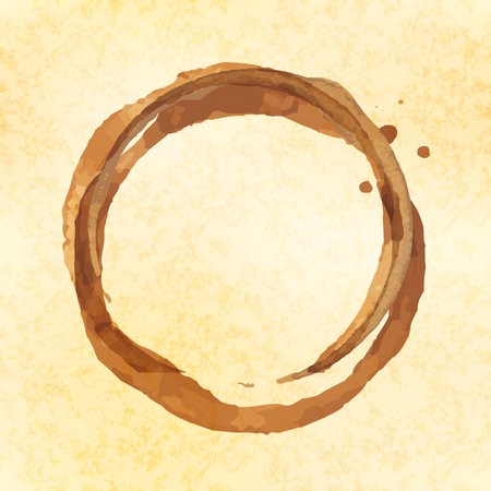 Brown round shaped coffee cup stain on old vintage paperのイラスト素材