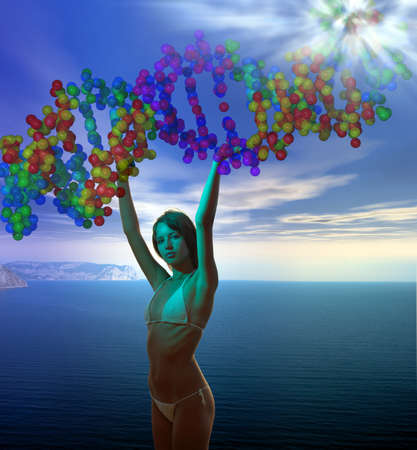 young goddess holding DNA molecule helix  in the blue cloudy sky over sea with supernal flash above.の写真素材