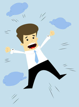Cartoon falling businessman with clouds on blue backgroung. Vector illustration.のイラスト素材