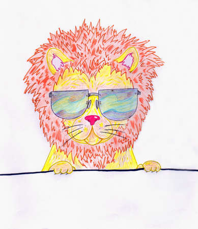 Hand drawn lion with a blank paper banner. Wearing sunglasses. Pencil art.の写真素材