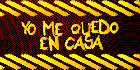 Yo me Quedo en Casa, I am staying home in Spanish text. Vector illustrated crayon drawing. Global message for theのイラスト素材