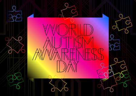 Art Deco World Autism Awareness Day (April 4) text. Decorative greeting card, sign with vintage...