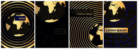 Set of banner templates. Universe concept. Planet earth in space. Space trip. Retro golden design. Vector illustration.のイラスト素材