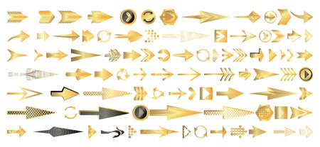 Golden arrow set. Different gold directional icons, vector illustration collection for web design, mobile apps, interface and other design.のイラスト素材