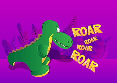 Cute Tyrannosaurus Rex on purple background with plants, abstract leafs. Vector illustration.のイラスト素材