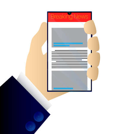 Hand holding smart phone browsing through breaking news on white background. Cartoon vector illustration.のイラスト素材