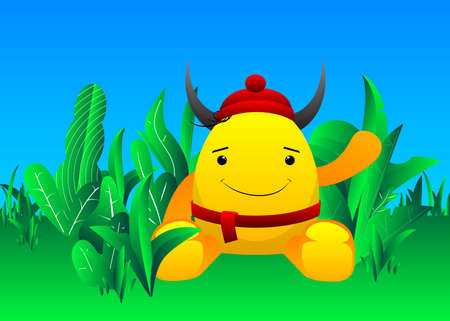 Little yellow monster with horns wearing a cap and scarf sitting on a meadow. Vector cartoon illustration.のイラスト素材