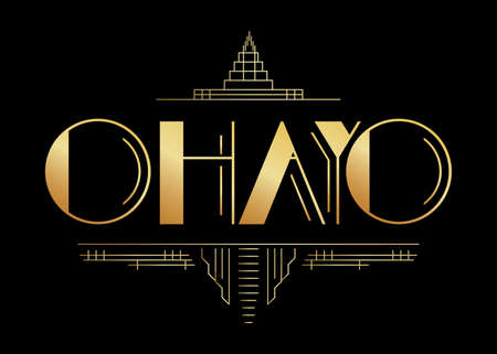 Art Deco Ohayo (Hello in Japan) text. Decorative greeting card, sign with vintage letters.のイラスト素材