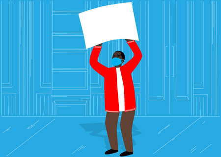 Cartoon Black man protesting with white cardboard wearing medical mask. Protester standing in front of a public building holding blank poster. Flat vector illustration male activist with protective face mask march for rights or against something.のイラスト素材