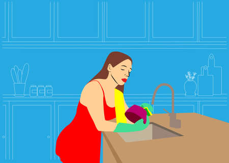 Attractive young woman in red dress and in rubber gloves is washing crockery. Cartoon character housekeeping illustration.のイラスト素材