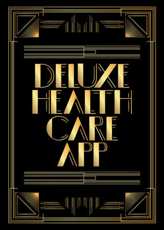 Art Deco Retro Deluxe Health Care App text. Decorative greeting card, sign with vintage letters.のイラスト素材