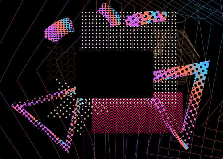 Minimalist black background with colored lines and abstract shapes. Vector luxury dark and color...