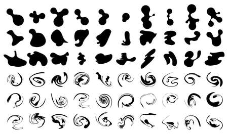 Random inkbolt set. Collection of black organic shapes, irregular simple liquid elements. Drop of fluid. Ink stain, amorphous splodge water forms. Creative vector.のイラスト素材
