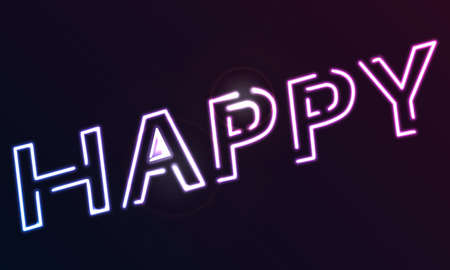 Abstract Happy Neon text on black background. Flashing lights effect.