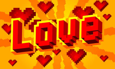 Love pixelated word with geometric graphic background. Vector cartoon illustration.のイラスト素材