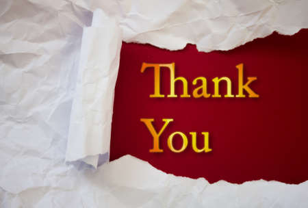 Thank You text with Torn, Crumpled White Paper on colored background.の写真素材
