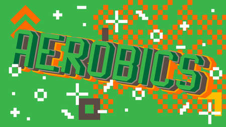 Aerobics pixelated word with geometric graphic background. Vector cartoon illustration.