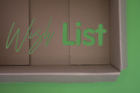 Wish List word with cardboard box. Brown folded cardbox.の写真素材