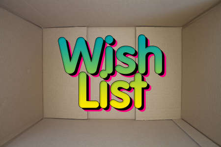 Wish List word with cardboard box. Brown folded cardbox.の写真素材