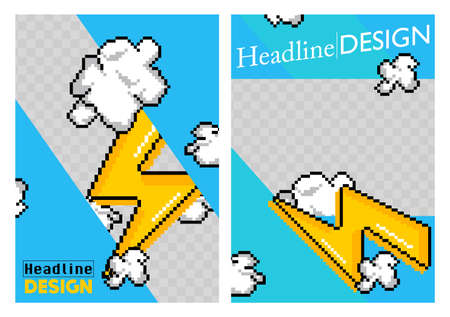 Blue Yellow Poster Collection. Design with pixel clouds, flash, lightning. Banner template, Social media post for invitation, awards, magazine cover, brochure, flyer or website.のイラスト素材