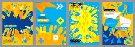Blue Yellow Poster Collection. Design with dynamic shapes. Banner template, Social media post for invitation, awards, magazine cover, brochure, flyer or website.のイラスト素材