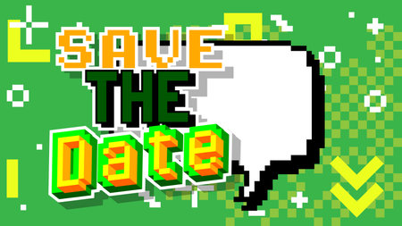 Save The Date. Pixelated word with geometric graphic background. Vector cartoon illustration.のイラスト素材
